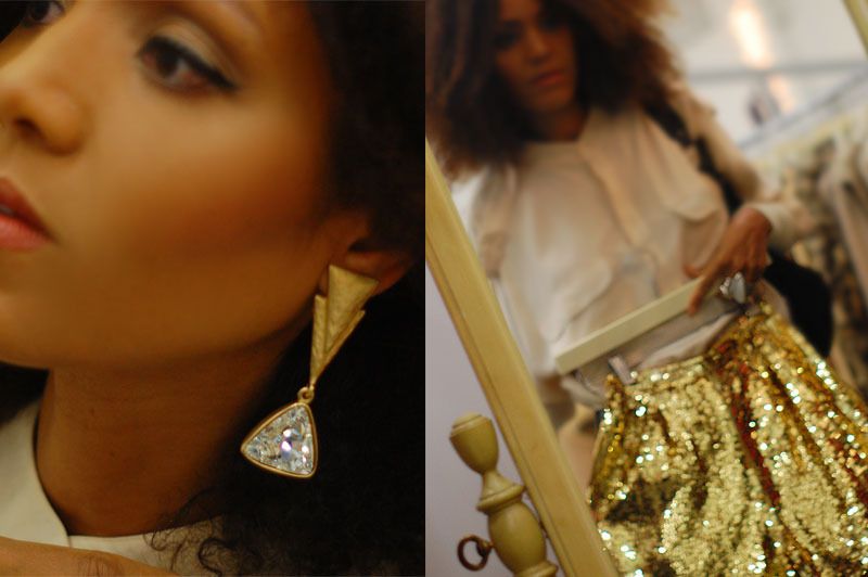 The Global Girl vintage picks: Ndoema tries on gold sequined shorts and deco-inspired geometric earrings