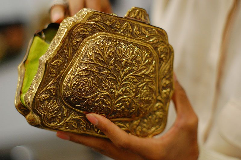 The Global Girl picks: Vintage carved brass metal gold clutch bag.