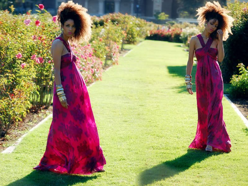 Ndoema wears a summer floral maxi-dress by Nicole Miller