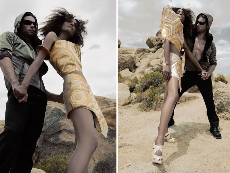 Ndoema wears a gold embroidered sculptural skirt and bustier of her own design and Alexis Bittar upper-arm bracelet. 