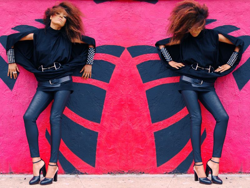 The Global Girl: Ndoema wears: Vintage Split sleeve blouse, Gucci patent leather belt, Silence & Noise wet look leggings, Gucci mary jane platform sandals, custom pyramid stud and leather cuffs