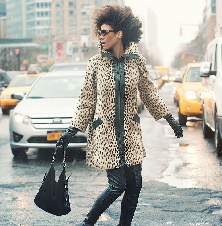 The Global Girl: Ndoema stars in a Fashion Editorial by Paris-based photographer Kamel Lahmadi of Style & The City. Ndoema wears a vintage leopard coat, Dolce & Gabbana suede bag, Diesel leather leggings, Betsey Johnson leopard stilettos and vintage Paloma Picasso sunglasses from The Guise Archives