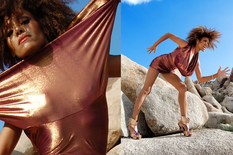 Ndoema The Global Girl wears a copper metallic micro mini dress and metallic leather platform heels from Topshop.