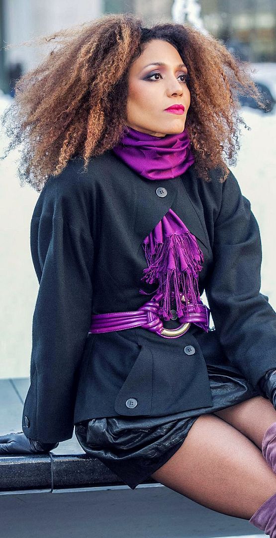 The Global Girl: Ndoema photographed by Joel Isaac Ramírez as she arrives at Lincoln Center during New York Fashion Week. Ndoema wears thigh high suede boots by Nicholas Kirkwood, leather draped skirt by All Saints, black suede bag by Dolce & Gabbana, Karl Lagerfeld jacket and vintage leather gloves.