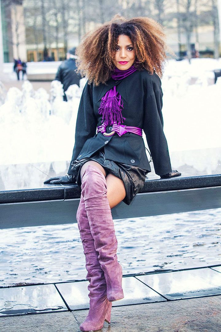 The Global Girl: Ndoema photographed by Joel Isaac Ramírez as she arrives at Lincoln Center during New York Fashion Week. Ndoema wears thigh high suede boots by Nicholas Kirkwood, leather draped skirt by All Saints, black suede bag by Dolce & Gabbana, Karl Lagerfeld jacket and vintage leather gloves.