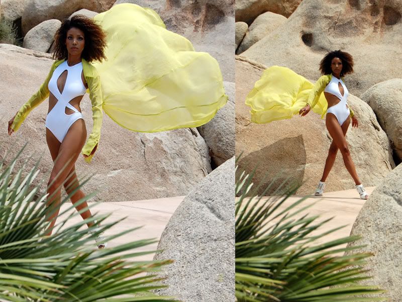 Ndoema wears a neon blouse by Plein Sud, white sandals by Pour La Victoire and white cut out swimsuit.