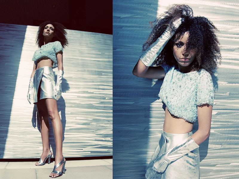Ndoema wears Marc Jacobs silver metallic shoes, i magnin silver metallic leather wrap skirt, vintage cropped beaded top, silver lame gloves.