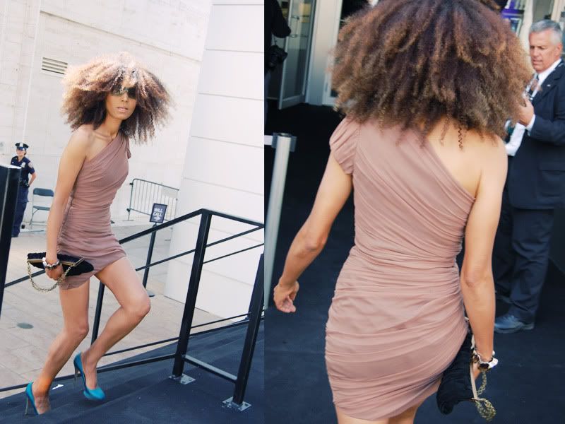 Ndoema The Global Girl arrives at the Carlos Miele Spring 2013 fashion show during New York Fashion Week. Ndoema wears a Christian Siriano asymmetrical dress, Nicholas Kirkwood shoes and Ralph Lauren sunglasses