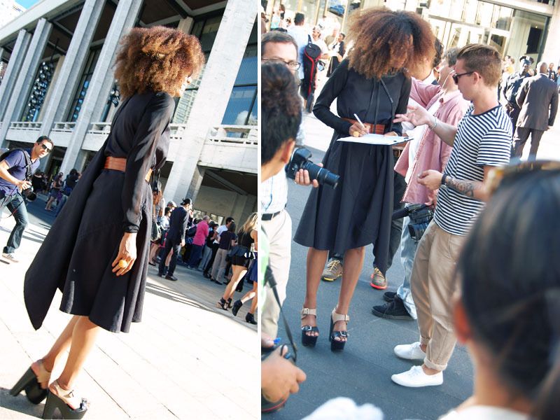 Ndoema The Global Girl wears a dress by Mexican designer Cesar Arrellanes, belt by Acne and shoes by Report Signature during New York Fashion Week.
