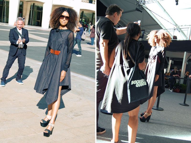 Ndoema The Global Girl wears a dress by Mexican designer Cesar Arrellanes, belt by Acne and shoes by Report Signature during New York Fashion Week.