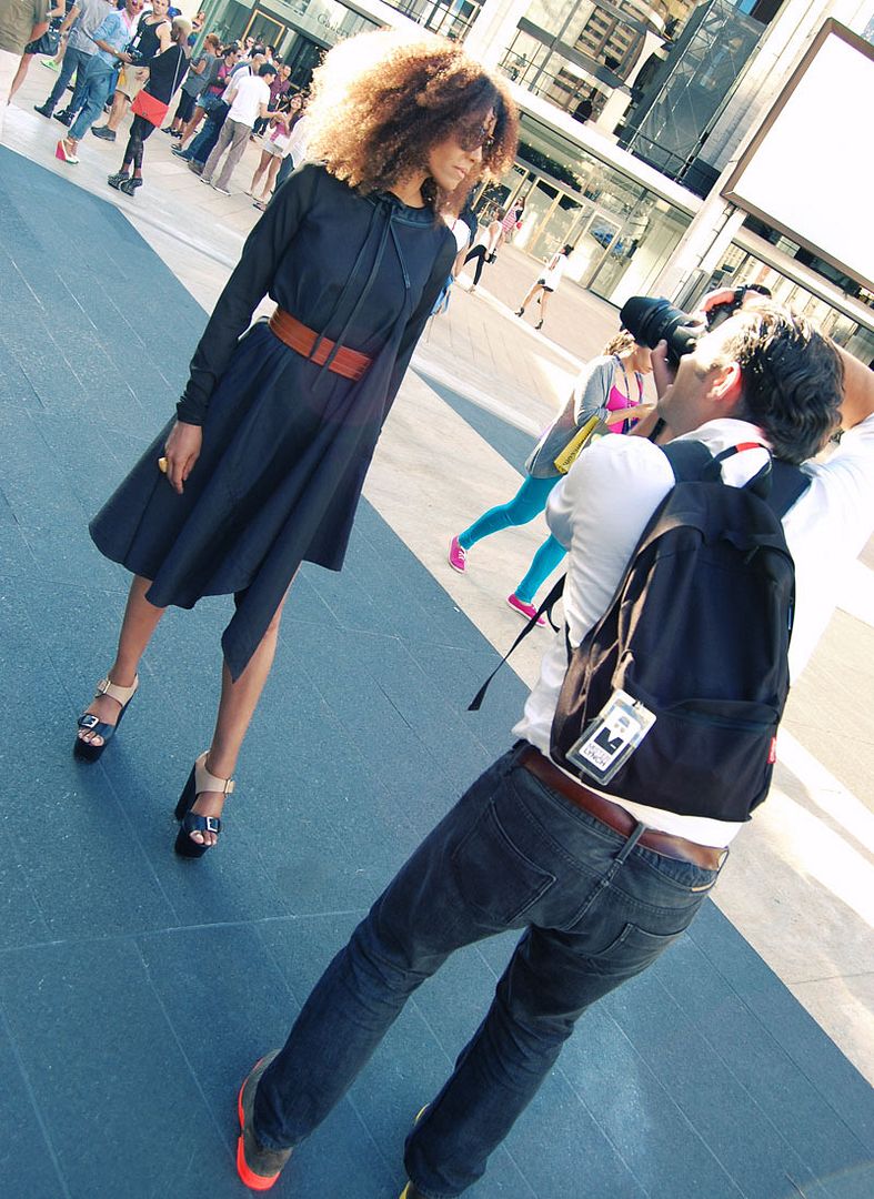 Ndoema The Global Girl wears a dress by Mexican designer Cesar Arrellanes, belt by Acne and shoes by Report Signature during New York Fashion Week.