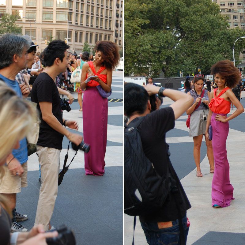 Ndoema The Global Girl arrives at the Lincoln Center during New York Fashion Week. Ndoema wears Alice + Olivia Oversized Bow Blouse, Jenni Kayne silk skirt, Nicholas Kirkwood Shoes, Vintage Accessories.