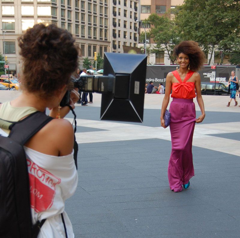 Ndoema The Global Girl arrives at the Lincoln Center during New York Fashion Week. Ndoema wears Alice + Olivia Oversized Bow Blouse, Jenni Kayne silk skirt, Nicholas Kirkwood Shoes, Vintage Accessories.