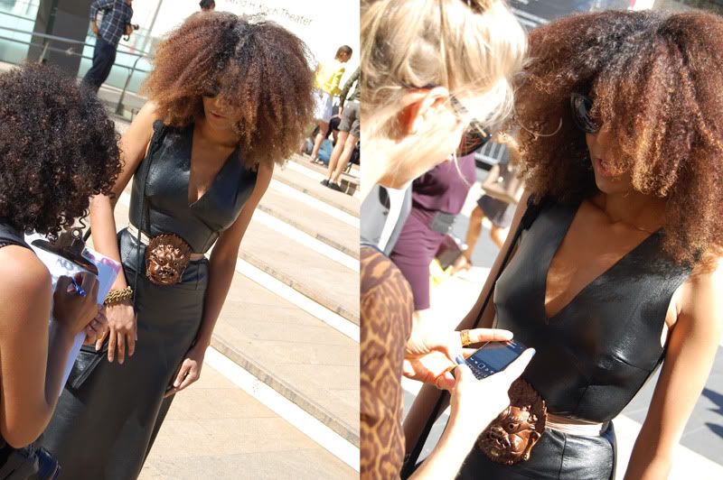 Ndoema The Global Girl arrives at the Lincoln Center during New York Fashion Week. Ndoema wears a black leather dress, ethnic belt, Report Signature shoes and Chloe Sunglasses