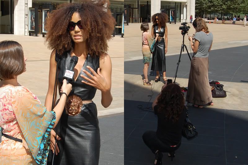 Ndoema The Global Girl arrives at the Lincoln Center during New York Fashion Week. Ndoema wears a black leather dress, ethnic belt, Report Signature shoes and Chloe Sunglasses