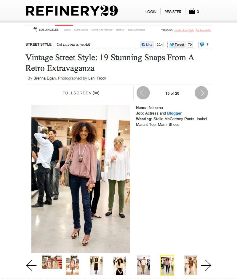 Ndoema The Global Girl is featured in Refinery29 wearing Stella Mccartney pants, Isabel Marant silk blouse, Marni shoes and vintage necklace.