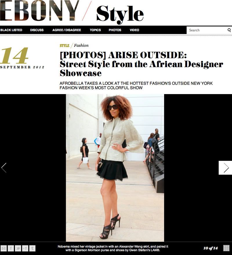 Ndoema is featured in Ebony Magazine as she arrives at the African Designer Showcase 