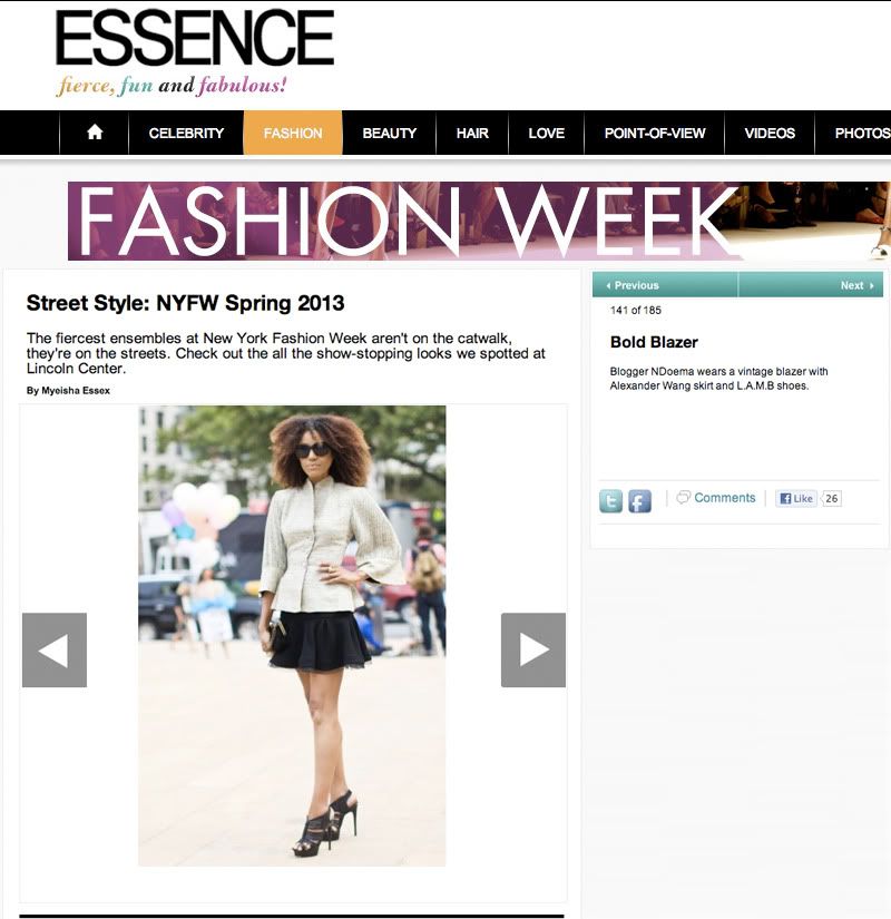Ndoema The Global Girl featured in Essence Magazine arriving at the Monika Chiang Spring 2013 Fashion Presentation during New York Fashion Week. She wears a vintage jacket, Alexander Wang skirt and Sigerson Morrison suede clutch.
