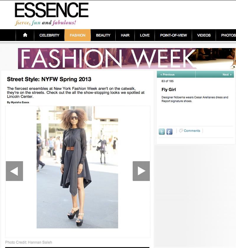 Ndoema The Global Girl featured in Essence Magazine arriving at Lincoln Plaza during New York Fashion Week. Ndoema wears a Cesar Arellanes Dress, Report Signature shoes, Acne leather belt and Paul Frank Sunglasses.