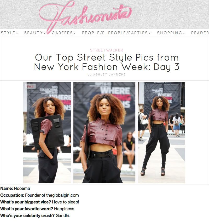 Ndoema The Global Girl featured in Fashionista during New York Fashion Week wearing Diesel, Dolce and Gabbana and BCBG Max Azria