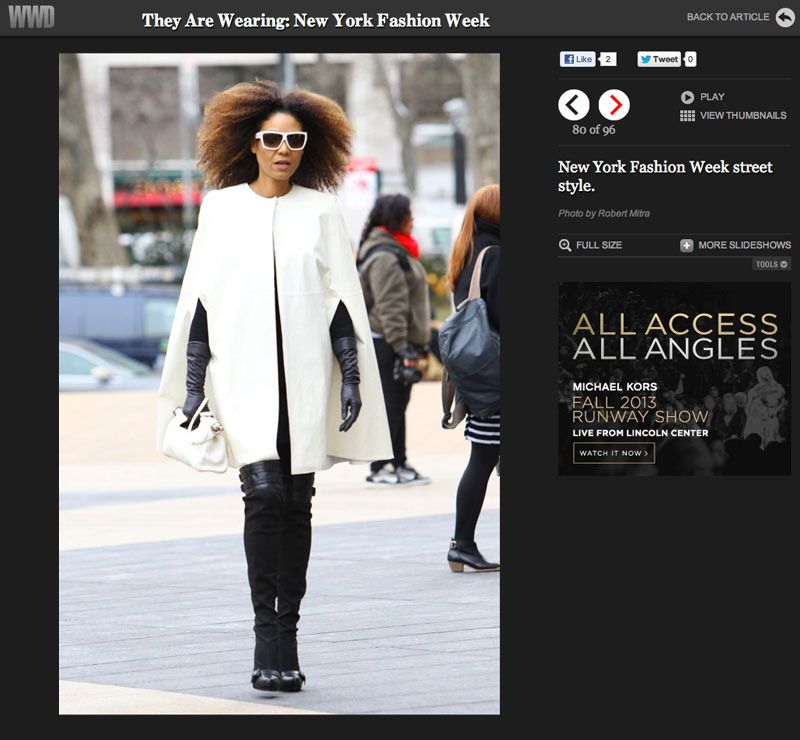 The Global Girl: Ndoema featured in Women's Wear Daily as she arrives at Lincoln Center for The BCBG Max Azria show. Ndoema sports a Fendi patent leather cape, Benjamin eyewear from The Guise Archives, Report Signature thigh high boots and a bag by Prada.