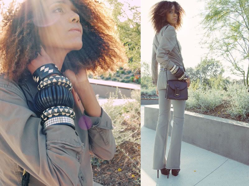 Ndoema wears J Brand jeans in khaki, G-Star Raw Denim shirt, l.a.m.b. platform sandals, classic dooney bourke leather handbag and large ethnic black and white horn and wood bracelets.