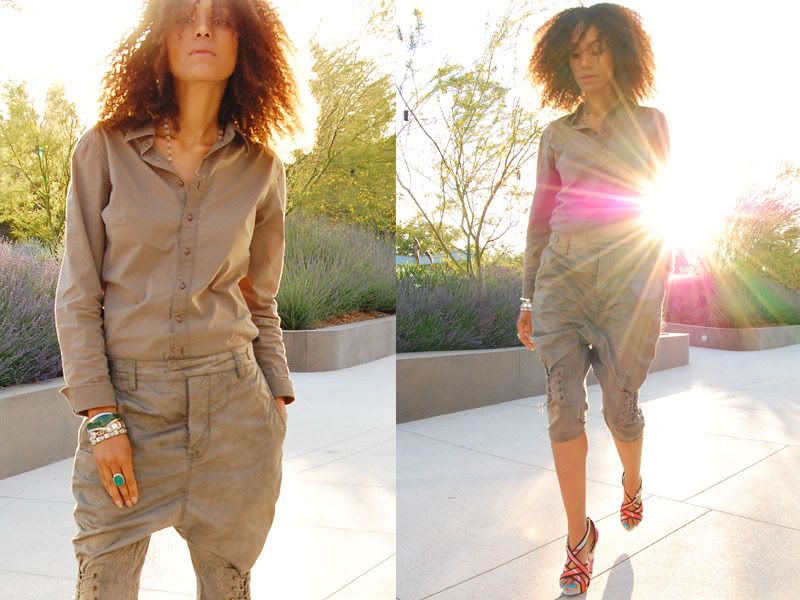 Ndoema rocks the tomboy look in G-Star Raw khaki shirt, jodhpur cropped pants and floral-print report signature shoes