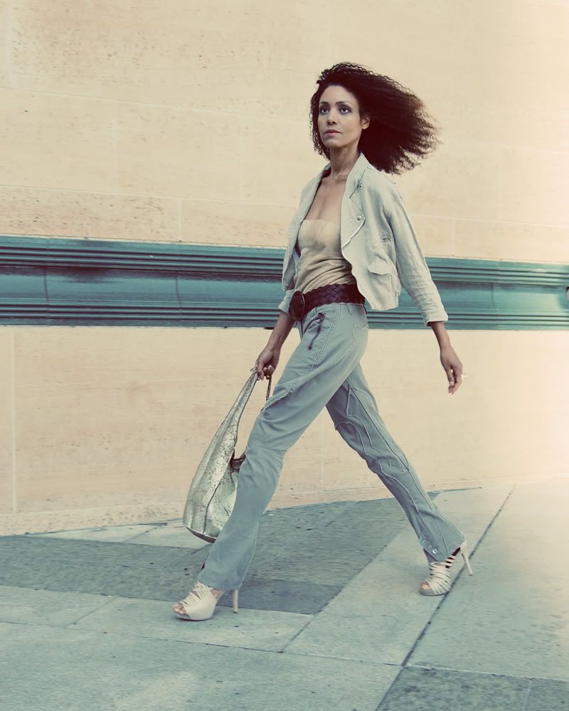 Ndoema wears J. Lindeberg riding pants, Linea Pelle braided belt, Pour La Victoire nude platform sandals, <a href=