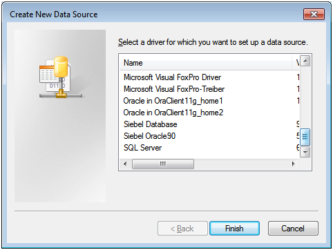 Click Cancel to close Create New Data Source window; click Cancel to close the ODBC Data Source Administrator window.